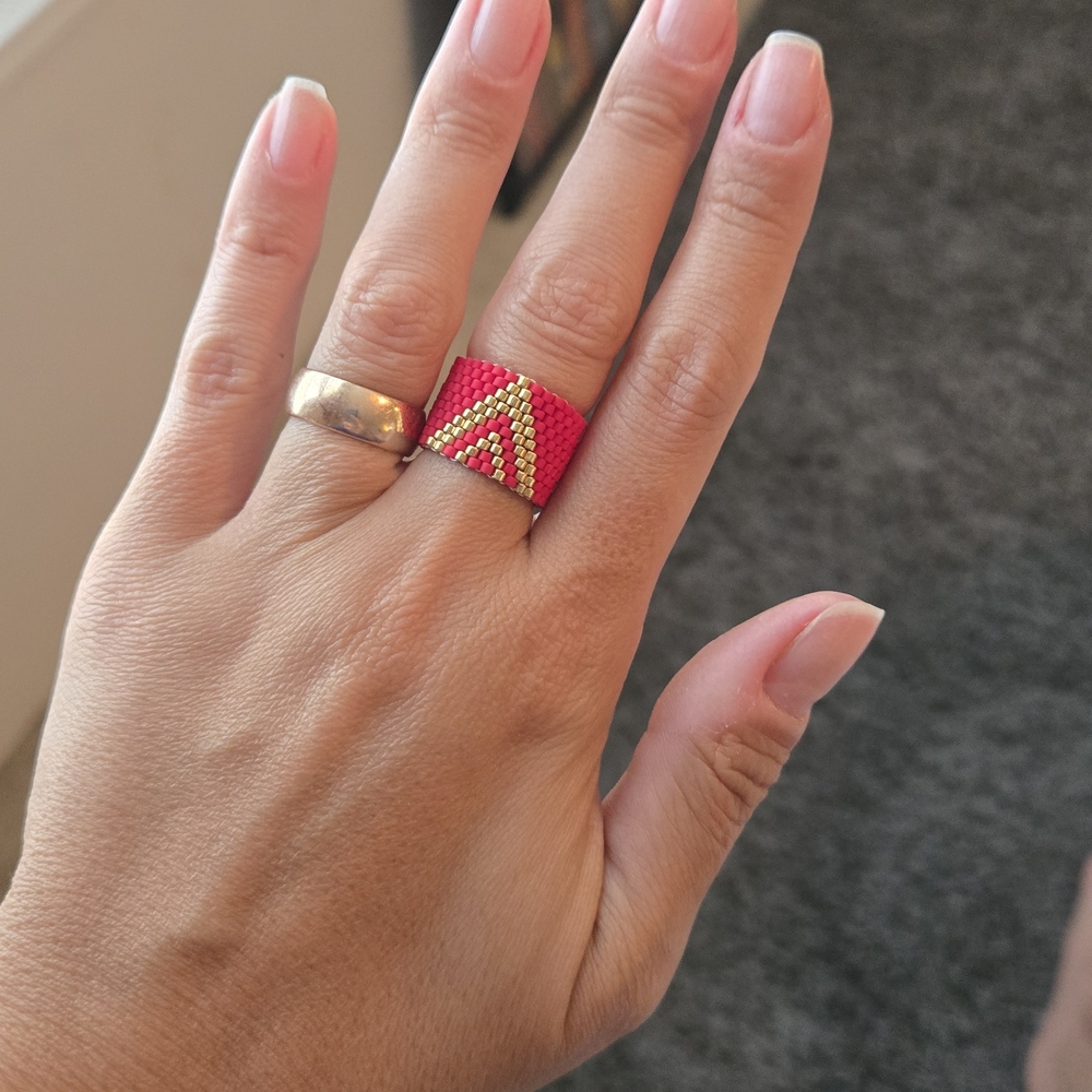 Christmas Red and Gold Beaded Ring